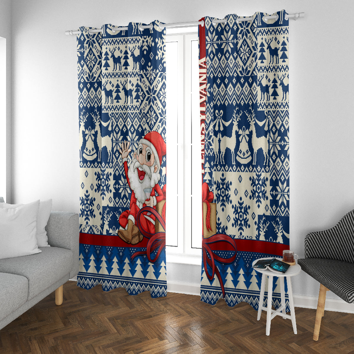 Pennsylvania Christmas Window Curtain Santa Claus With Gift Box Xmas Pattern - Wonder Print Shop