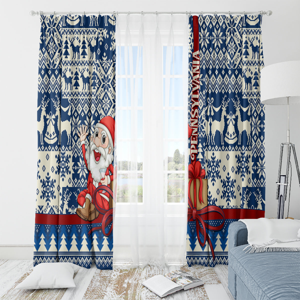 Pennsylvania Christmas Window Curtain Santa Claus With Gift Box Xmas Pattern - Wonder Print Shop
