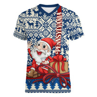 Pennsylvania Christmas Women V Neck T Shirt Santa Claus With Gift Box Xmas Pattern - Wonder Print Shop