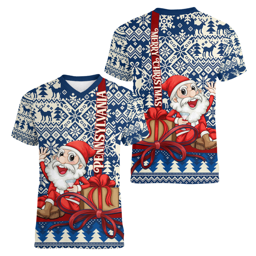 Pennsylvania Christmas Women V Neck T Shirt Santa Claus With Gift Box Xmas Pattern - Wonder Print Shop