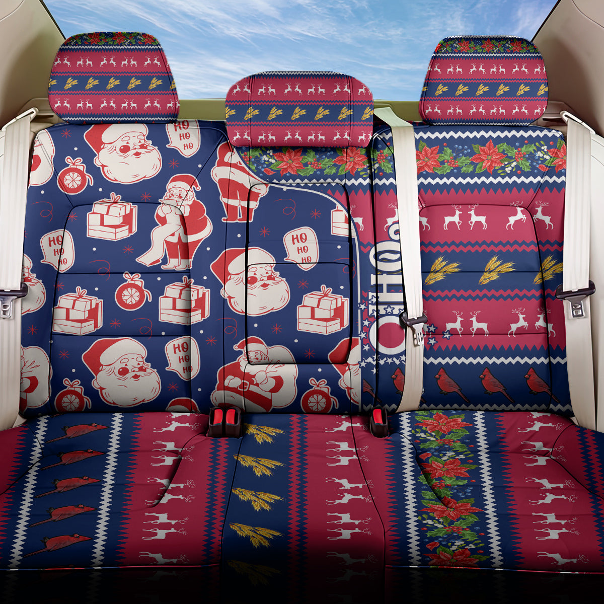 Custom Ohio Christmas Back Car Seat Cover Santa Claus Pattern Unique Style - Wonder Print Shop