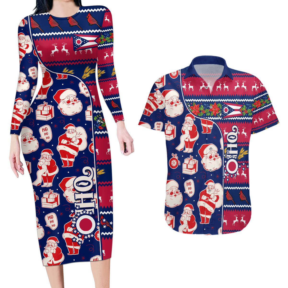 Custom Ohio Christmas Couples Matching Long Sleeve Bodycon Dress and Hawaiian Shirt Santa Claus Pattern Unique Style - Wonder Print Shop