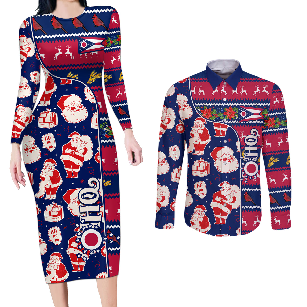 Custom Ohio Christmas Couples Matching Long Sleeve Bodycon Dress and Long Sleeve Button Shirt Santa Claus Pattern Unique Style - Wonder Print Shop