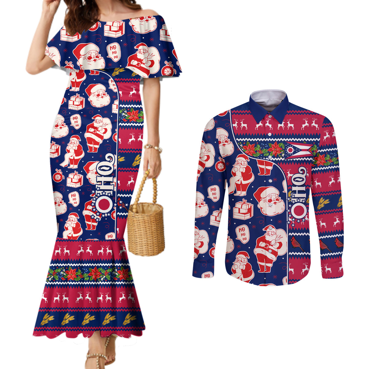 custom-ohio-christmas-couples-matching-mermaid-dress-and-long-sleeve-button-shirt-santa-claus-pattern-unique-style
