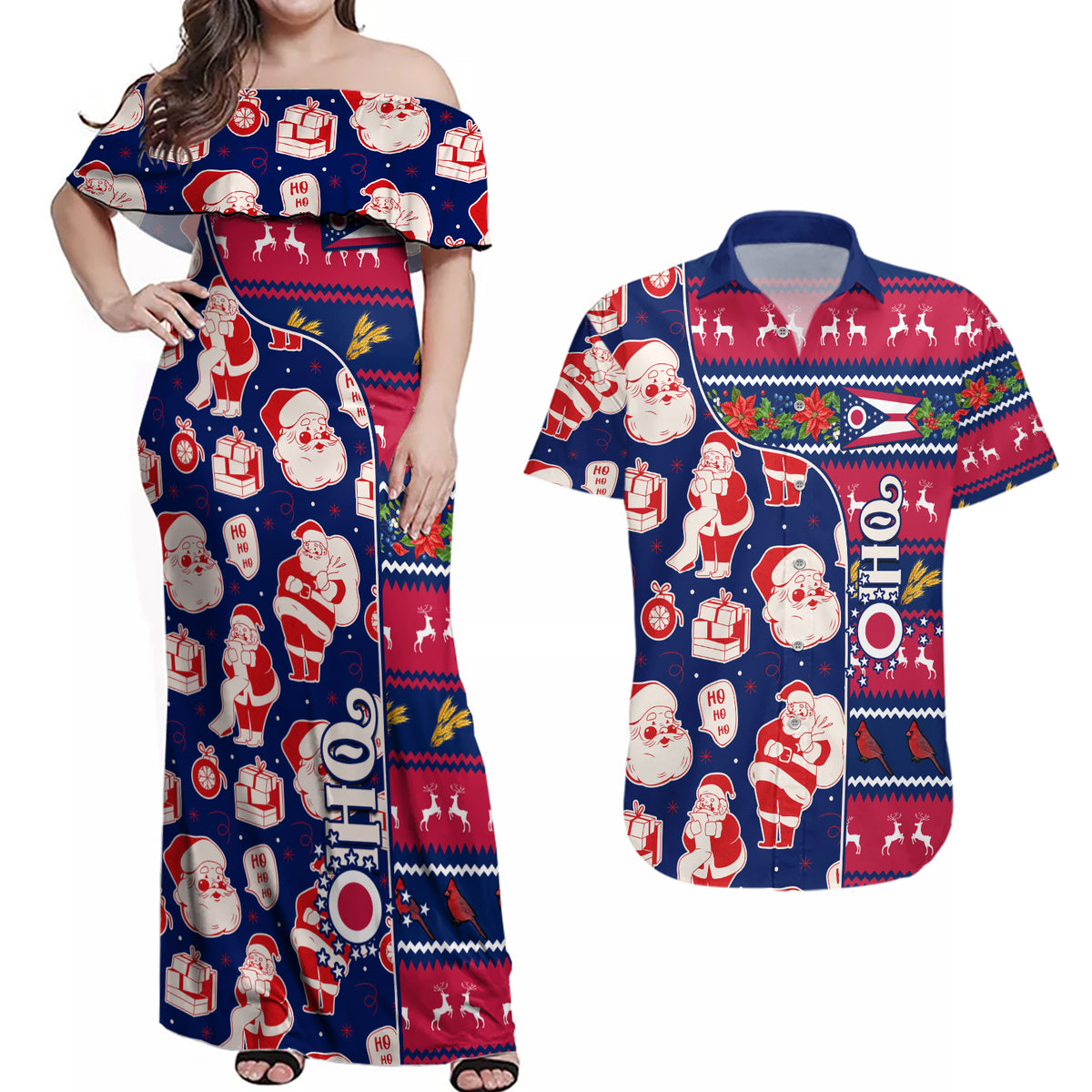 Custom Ohio Christmas Couples Matching Off Shoulder Maxi Dress and Hawaiian Shirt Santa Claus Pattern Unique Style - Wonder Print Shop