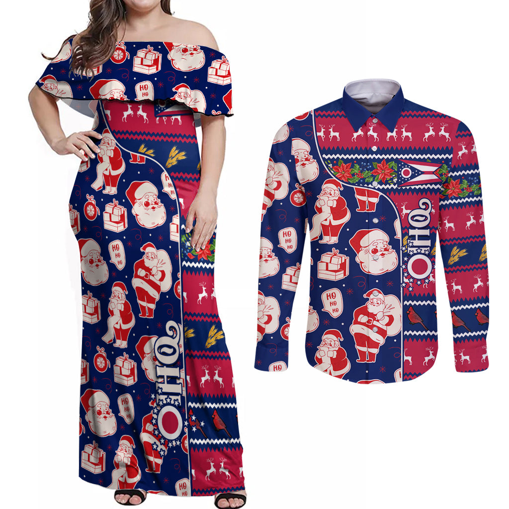 Custom Ohio Christmas Couples Matching Off Shoulder Maxi Dress and Long Sleeve Button Shirt Santa Claus Pattern Unique Style - Wonder Print Shop