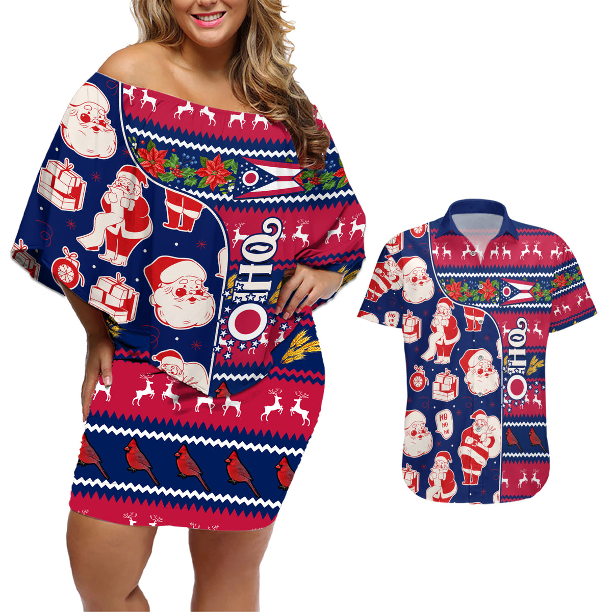 Custom Ohio Christmas Couples Matching Off Shoulder Short Dress and Hawaiian Shirt Santa Claus Pattern Unique Style - Wonder Print Shop