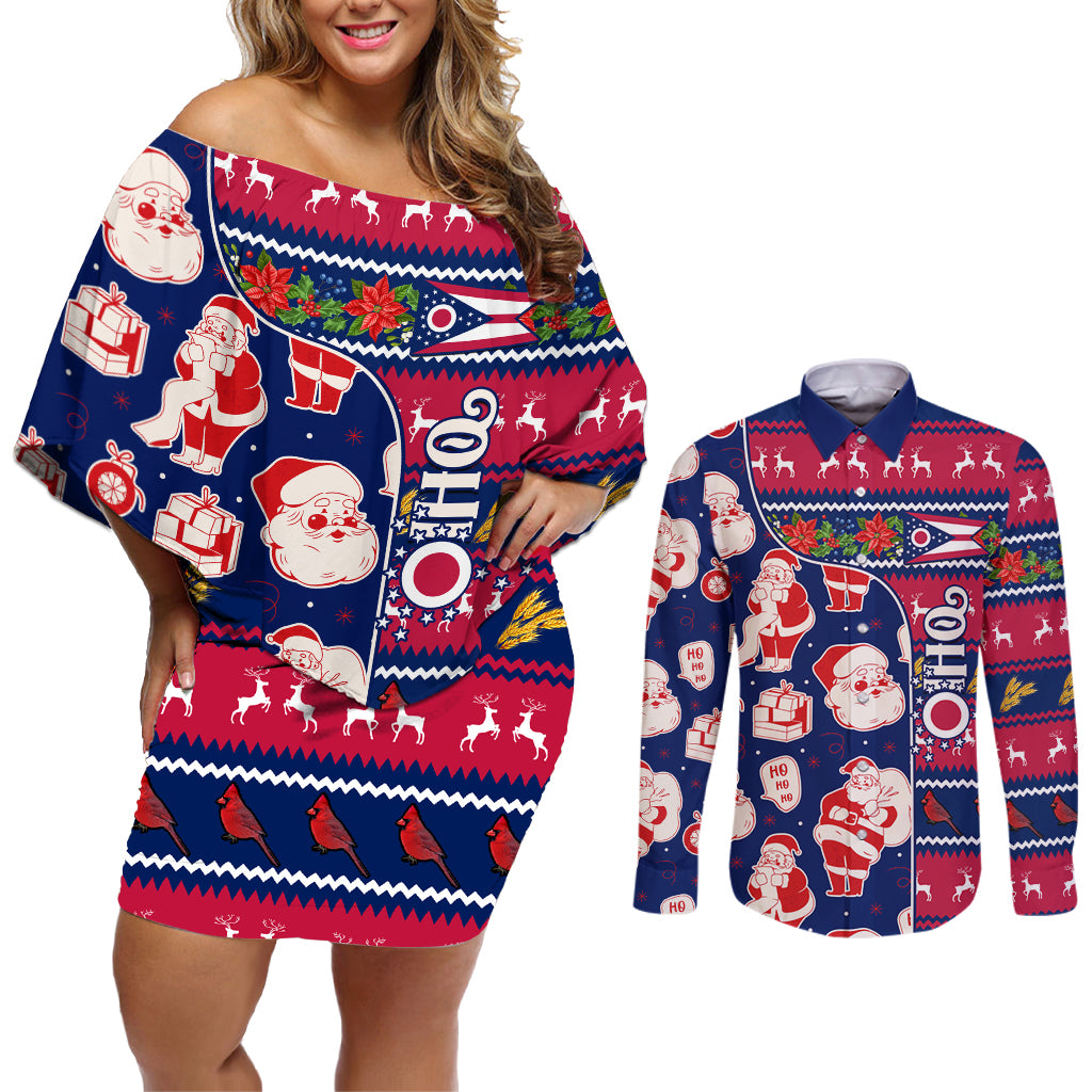 Custom Ohio Christmas Couples Matching Off Shoulder Short Dress and Long Sleeve Button Shirt Santa Claus Pattern Unique Style - Wonder Print Shop