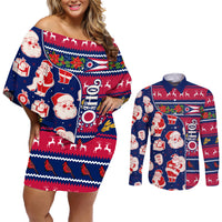 Custom Ohio Christmas Couples Matching Off Shoulder Short Dress and Long Sleeve Button Shirt Santa Claus Pattern Unique Style - Wonder Print Shop