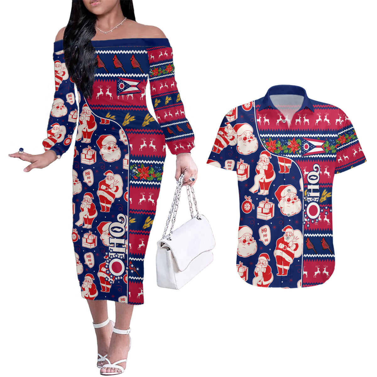 Custom Ohio Christmas Couples Matching Off The Shoulder Long Sleeve Dress and Hawaiian Shirt Santa Claus Pattern Unique Style - Wonder Print Shop