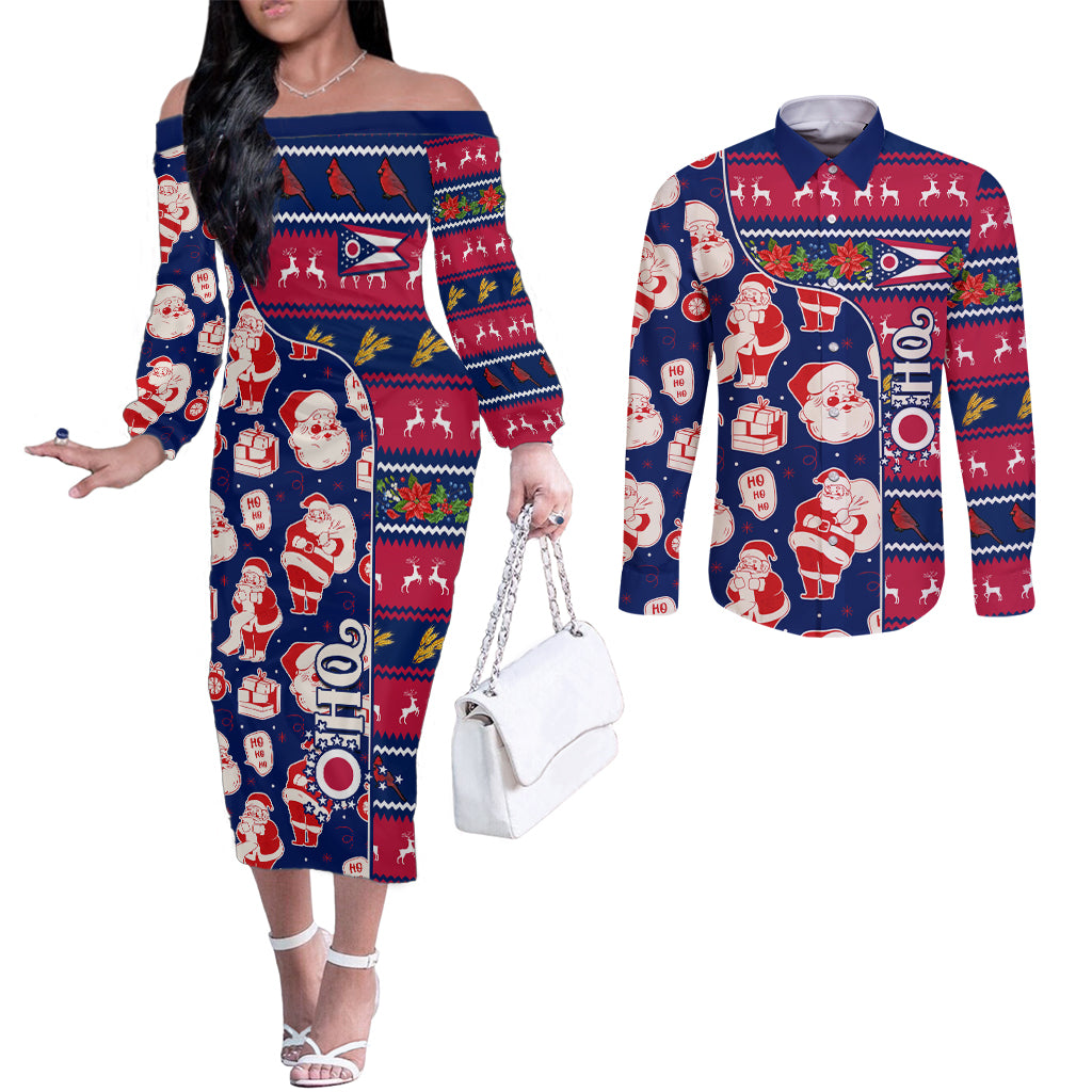 custom-ohio-christmas-couples-matching-off-the-shoulder-long-sleeve-dress-and-long-sleeve-button-shirt-santa-claus-pattern-unique-style