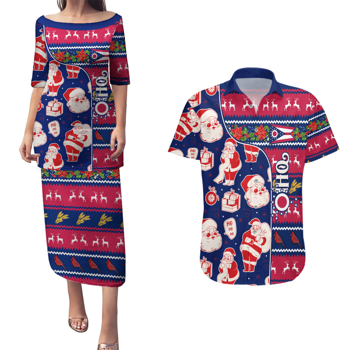 Custom Ohio Christmas Couples Matching Puletasi Dress and Hawaiian Shirt Santa Claus Pattern Unique Style - Wonder Print Shop