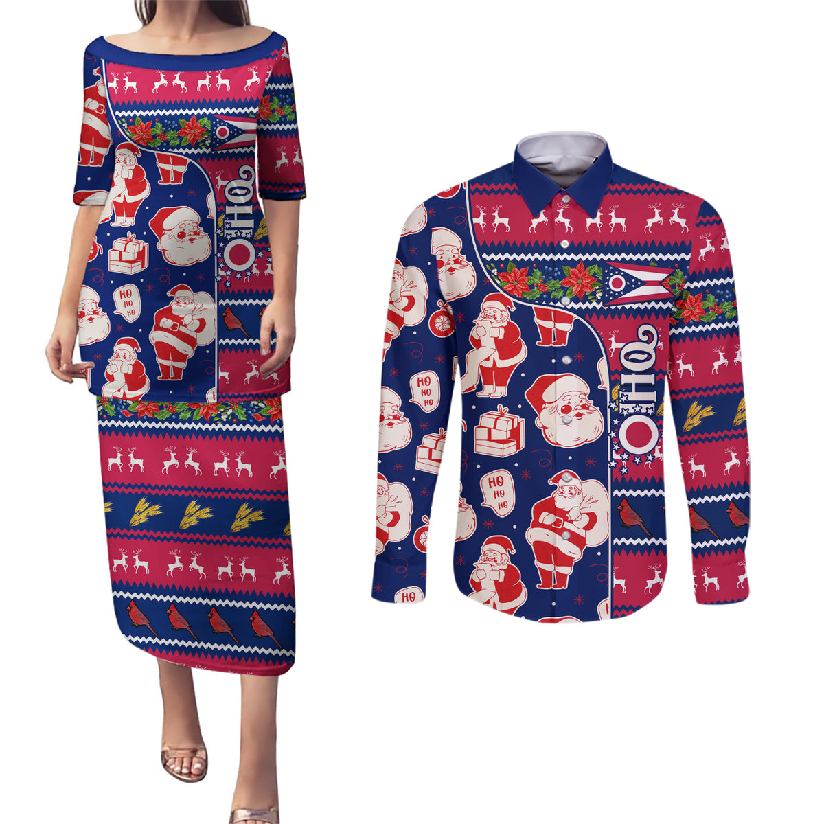 Custom Ohio Christmas Couples Matching Puletasi Dress and Long Sleeve Button Shirt Santa Claus Pattern Unique Style - Wonder Print Shop