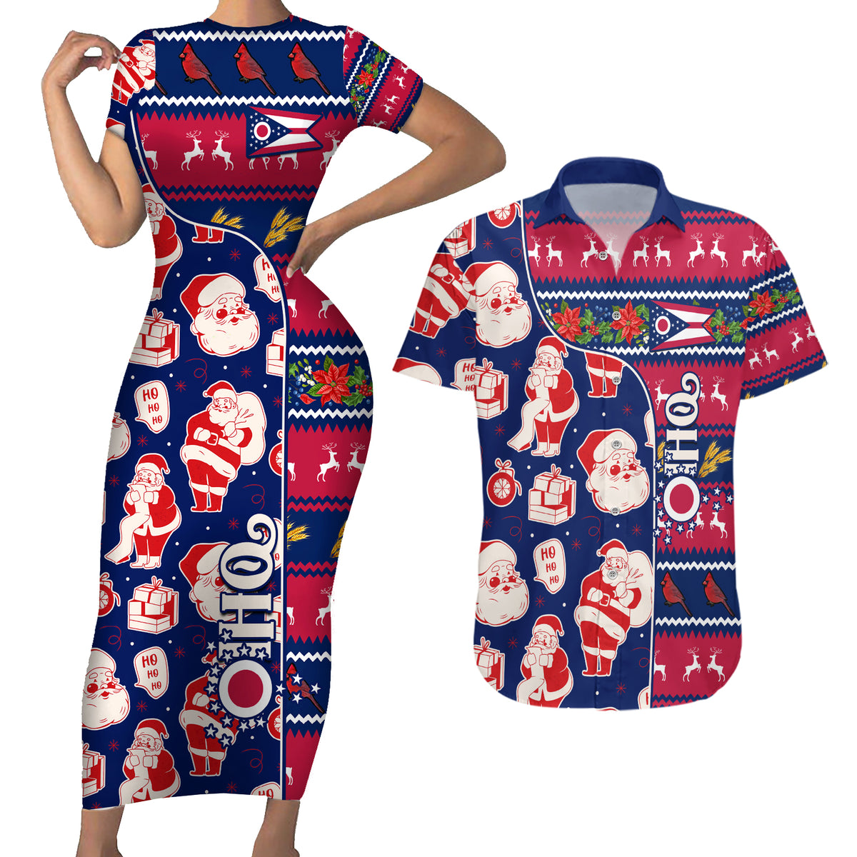 Custom Ohio Christmas Couples Matching Short Sleeve Bodycon Dress and Hawaiian Shirt Santa Claus Pattern Unique Style - Wonder Print Shop