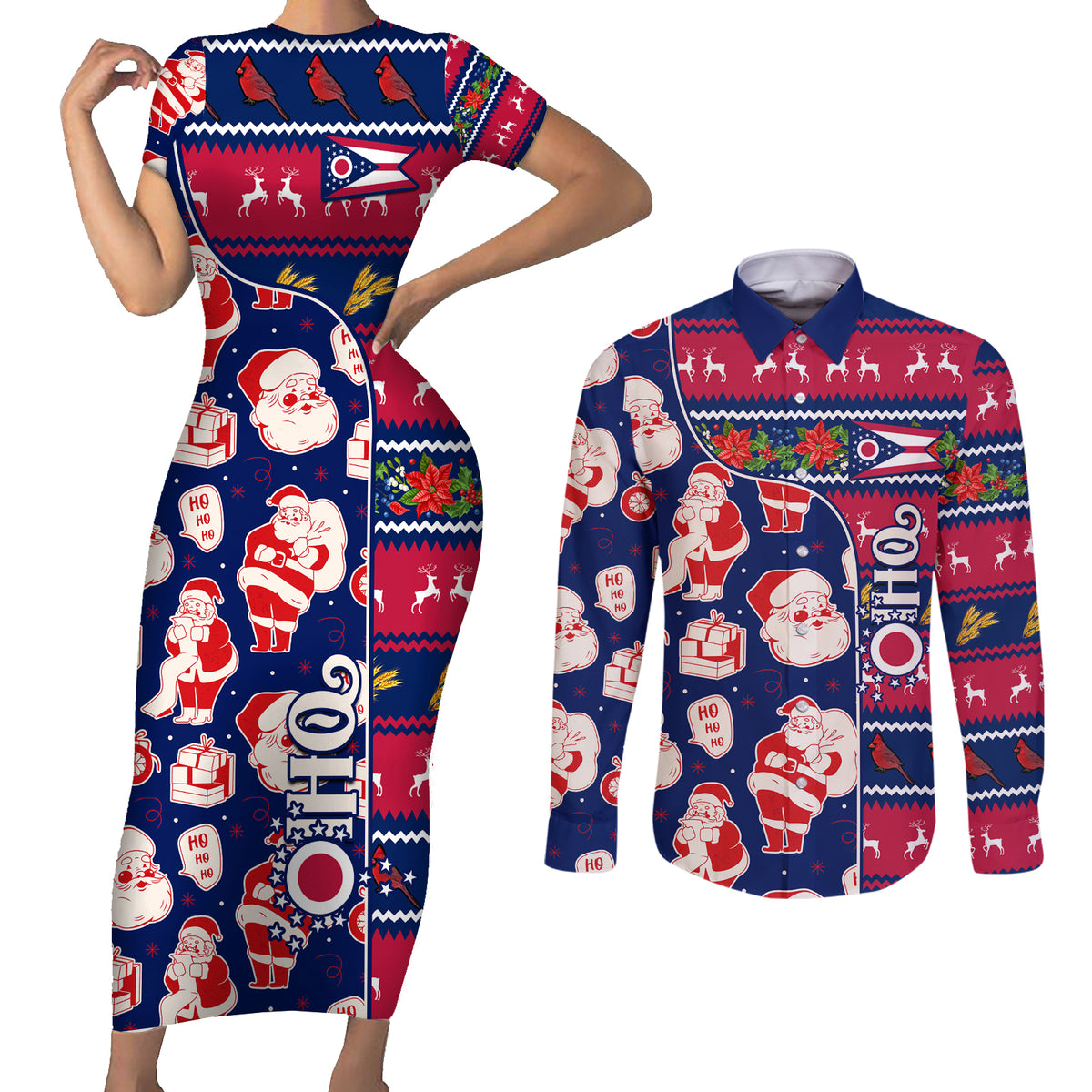 Custom Ohio Christmas Couples Matching Short Sleeve Bodycon Dress and Long Sleeve Button Shirt Santa Claus Pattern Unique Style - Wonder Print Shop