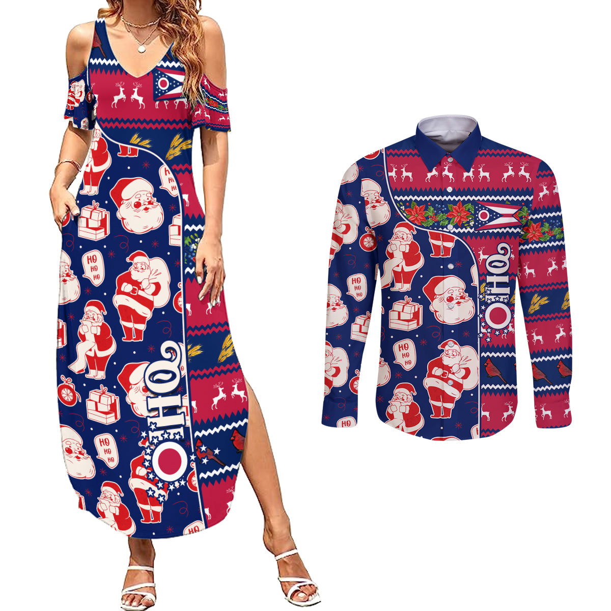 Custom Ohio Christmas Couples Matching Summer Maxi Dress and Long Sleeve Button Shirt Santa Claus Pattern Unique Style - Wonder Print Shop