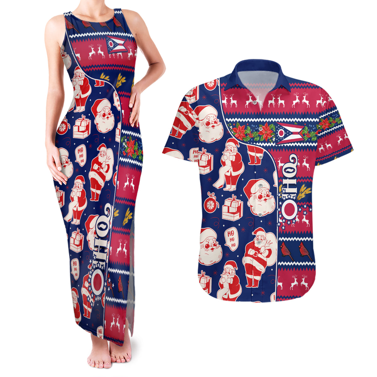 Custom Ohio Christmas Couples Matching Tank Maxi Dress and Hawaiian Shirt Santa Claus Pattern Unique Style - Wonder Print Shop