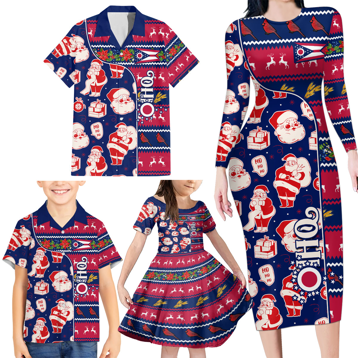 Custom Ohio Christmas Family Matching Long Sleeve Bodycon Dress and Hawaiian Shirt Santa Claus Pattern Unique Style - Wonder Print Shop