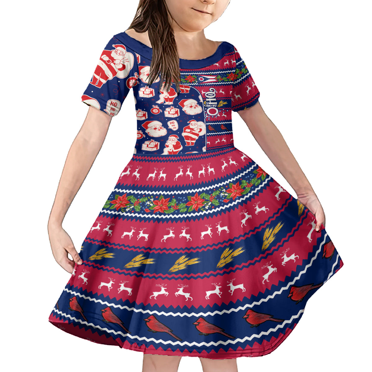 Custom Ohio Christmas Family Matching Off Shoulder Long Sleeve Dress and Hawaiian Shirt Santa Claus Pattern Unique Style - Wonder Print Shop