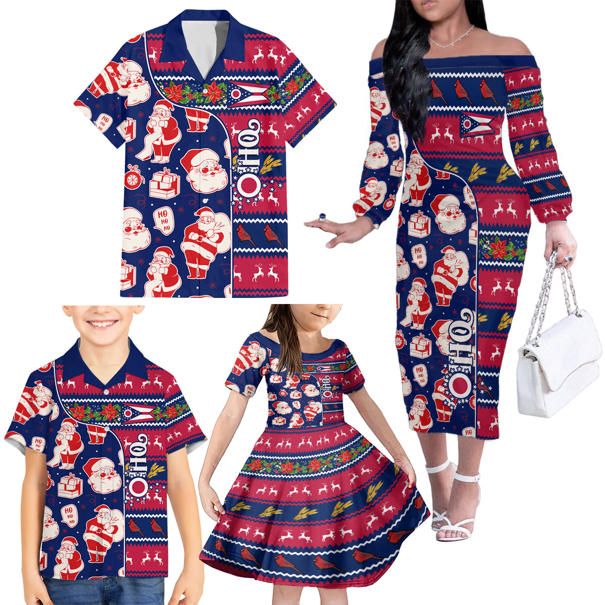 Custom Ohio Christmas Family Matching Off Shoulder Long Sleeve Dress and Hawaiian Shirt Santa Claus Pattern Unique Style - Wonder Print Shop