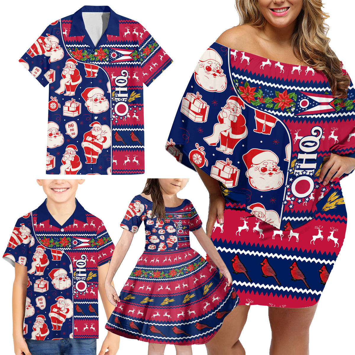 Custom Ohio Christmas Family Matching Off Shoulder Short Dress and Hawaiian Shirt Santa Claus Pattern Unique Style - Wonder Print Shop