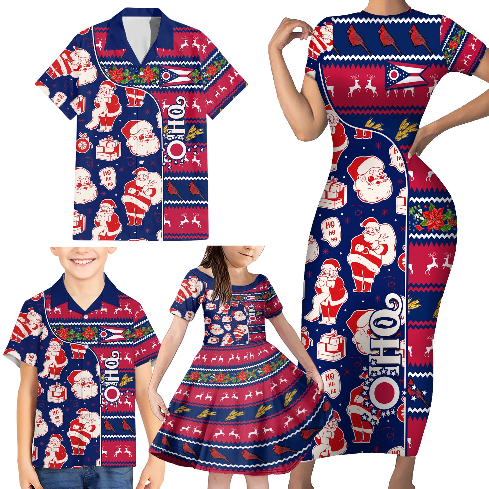 Custom Ohio Christmas Family Matching Short Sleeve Bodycon Dress and Hawaiian Shirt Santa Claus Pattern Unique Style - Wonder Print Shop