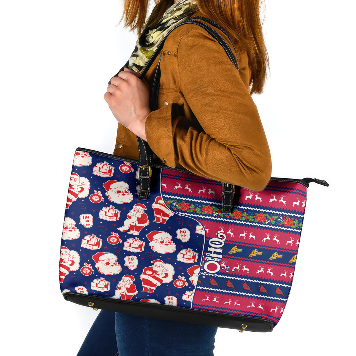 Custom Ohio Christmas Leather Tote Bag Santa Claus Pattern Unique Style - Wonder Print Shop