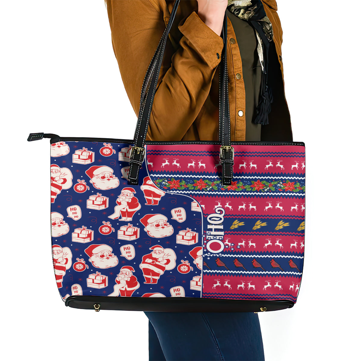 Custom Ohio Christmas Leather Tote Bag Santa Claus Pattern Unique Style - Wonder Print Shop