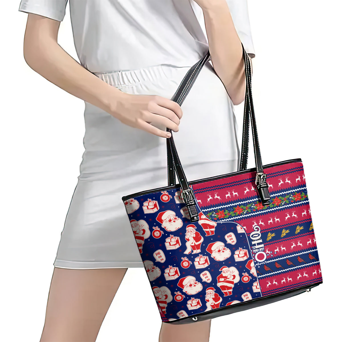 Custom Ohio Christmas Leather Tote Bag Santa Claus Pattern Unique Style - Wonder Print Shop