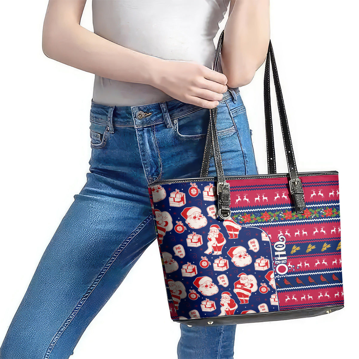 Custom Ohio Christmas Leather Tote Bag Santa Claus Pattern Unique Style - Wonder Print Shop