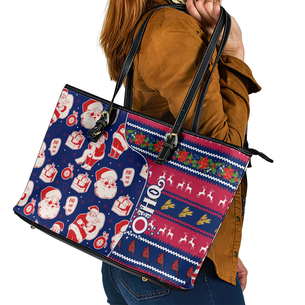Custom Ohio Christmas Leather Tote Bag Santa Claus Pattern Unique Style - Wonder Print Shop