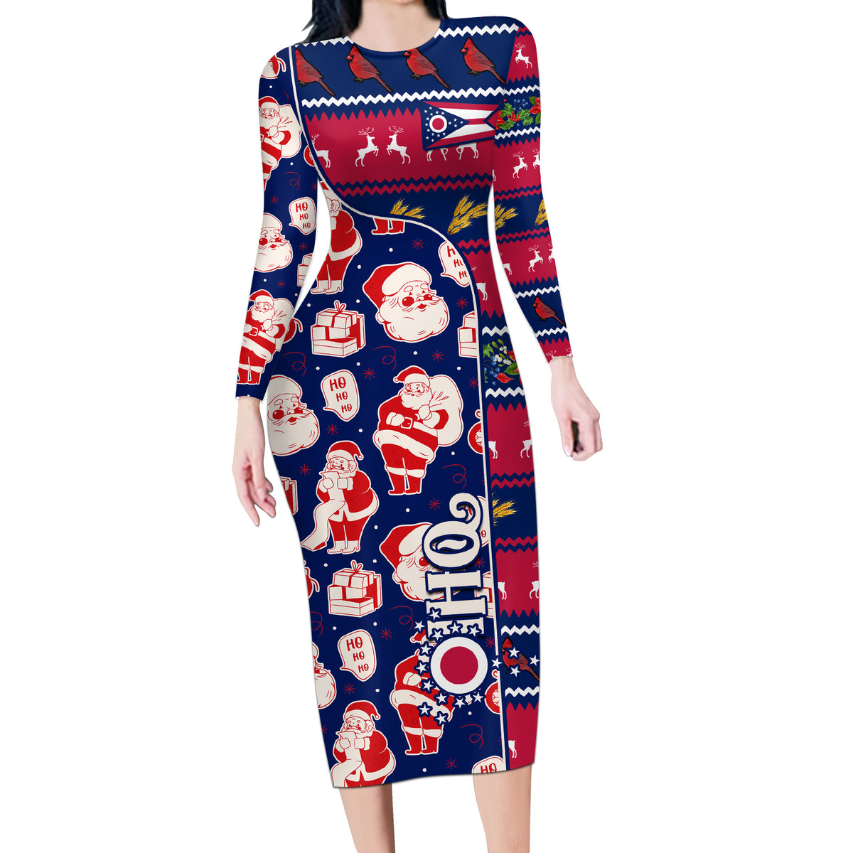 Custom Ohio Christmas Long Sleeve Bodycon Dress Santa Claus Pattern Unique Style - Wonder Print Shop