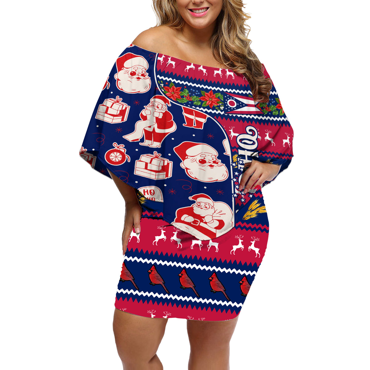 Custom Ohio Christmas Off Shoulder Short Dress Santa Claus Pattern Unique Style - Wonder Print Shop