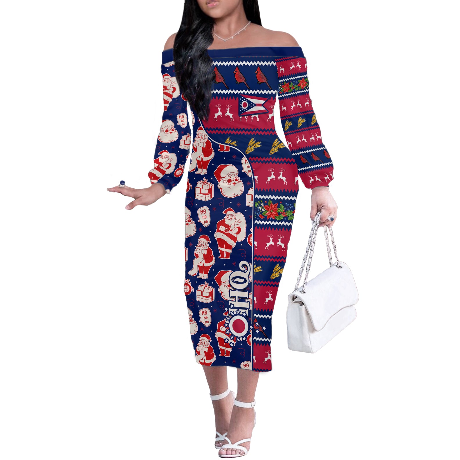 Custom Ohio Christmas Off The Shoulder Long Sleeve Dress Santa Claus Pattern Unique Style - Wonder Print Shop