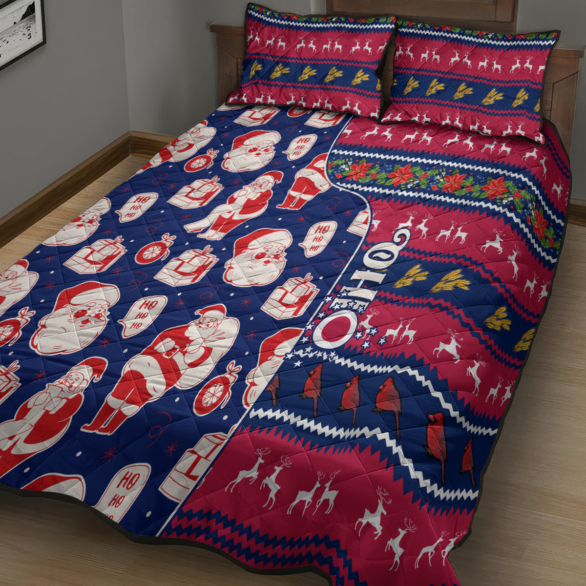 Custom Ohio Christmas Quilt Bed Set Santa Claus Pattern Unique Style - Wonder Print Shop