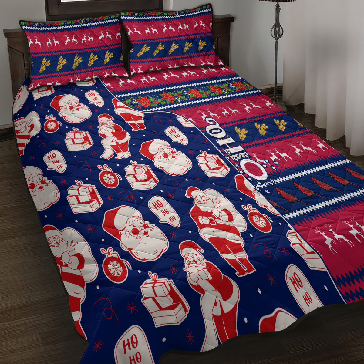 Custom Ohio Christmas Quilt Bed Set Santa Claus Pattern Unique Style - Wonder Print Shop