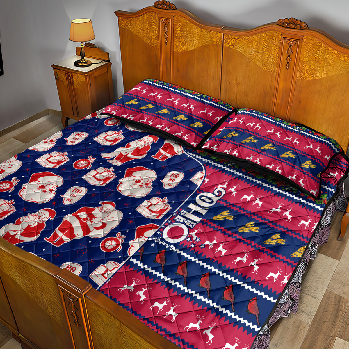Custom Ohio Christmas Quilt Bed Set Santa Claus Pattern Unique Style - Wonder Print Shop