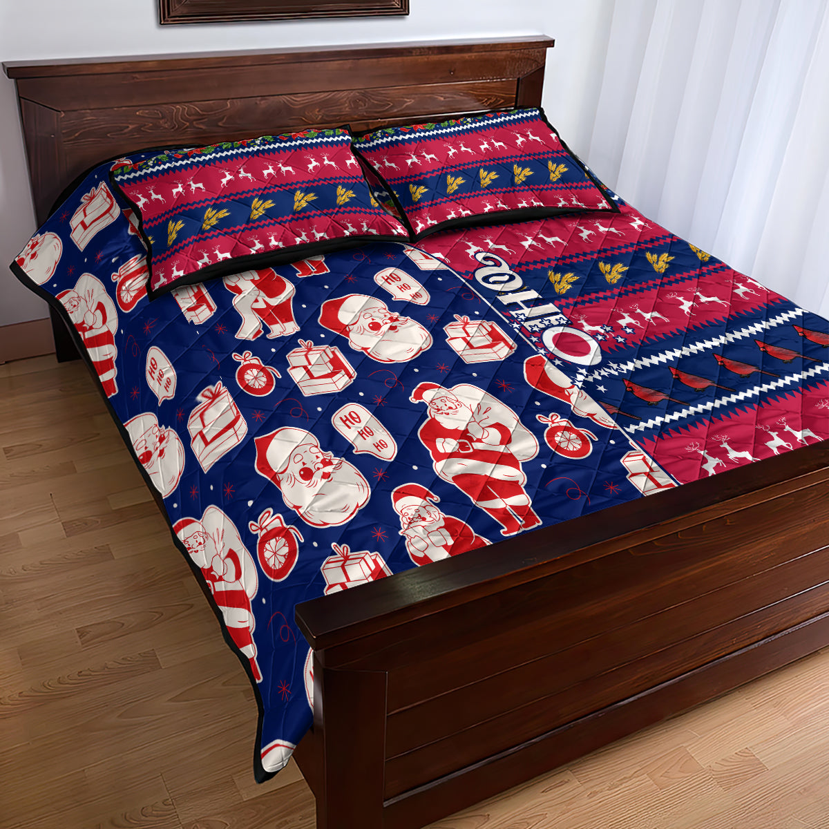 Custom Ohio Christmas Quilt Bed Set Santa Claus Pattern Unique Style - Wonder Print Shop