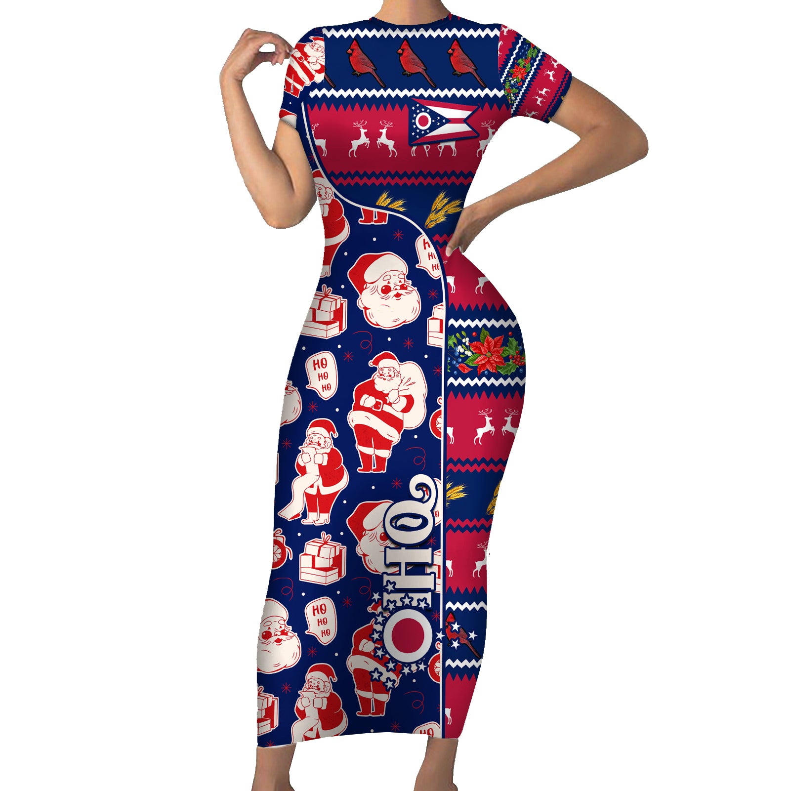 Custom Ohio Christmas Short Sleeve Bodycon Dress Santa Claus Pattern Unique Style - Wonder Print Shop