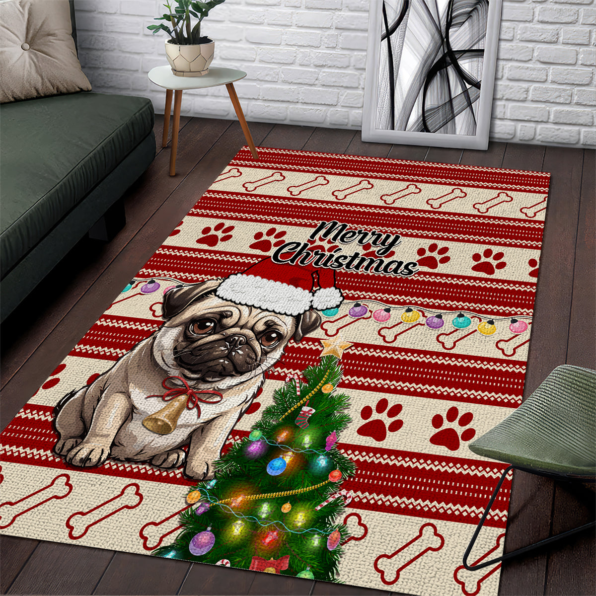 Custom Dog Christmas Area Rug Cute Pug Dog With Xmas Tree - Wonder Print Shop