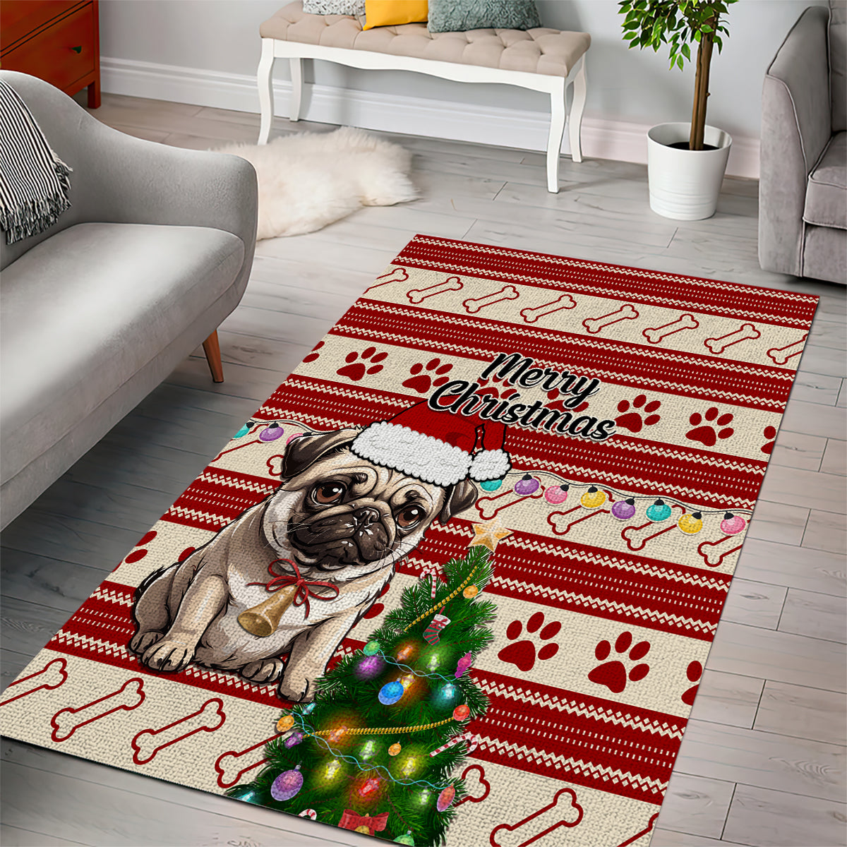 Custom Dog Christmas Area Rug Cute Pug Dog With Xmas Tree - Wonder Print Shop