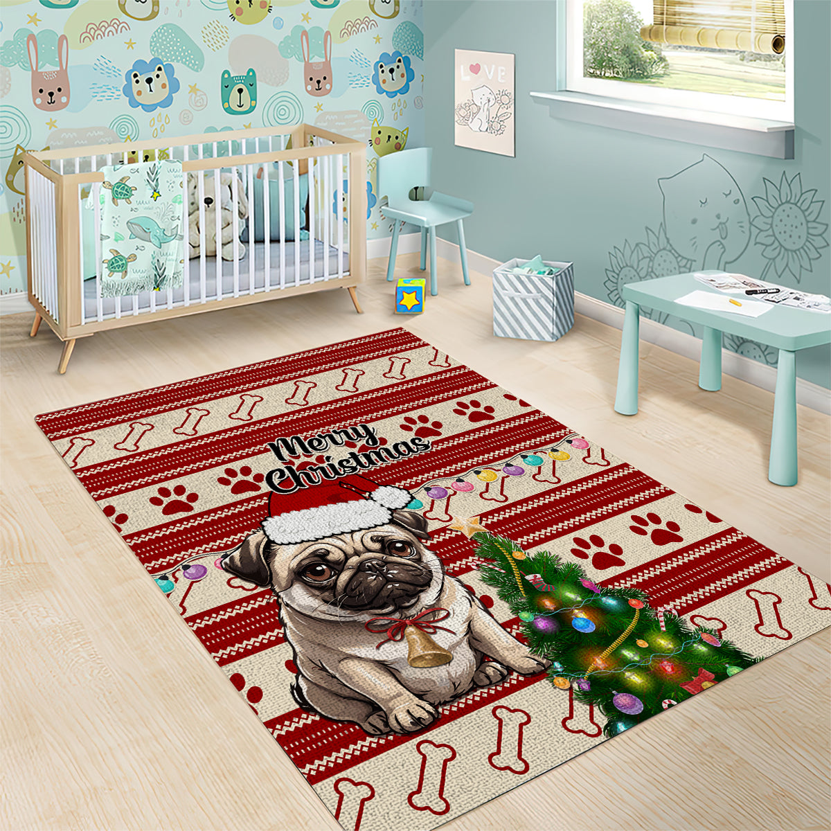 Custom Dog Christmas Area Rug Cute Pug Dog With Xmas Tree - Wonder Print Shop