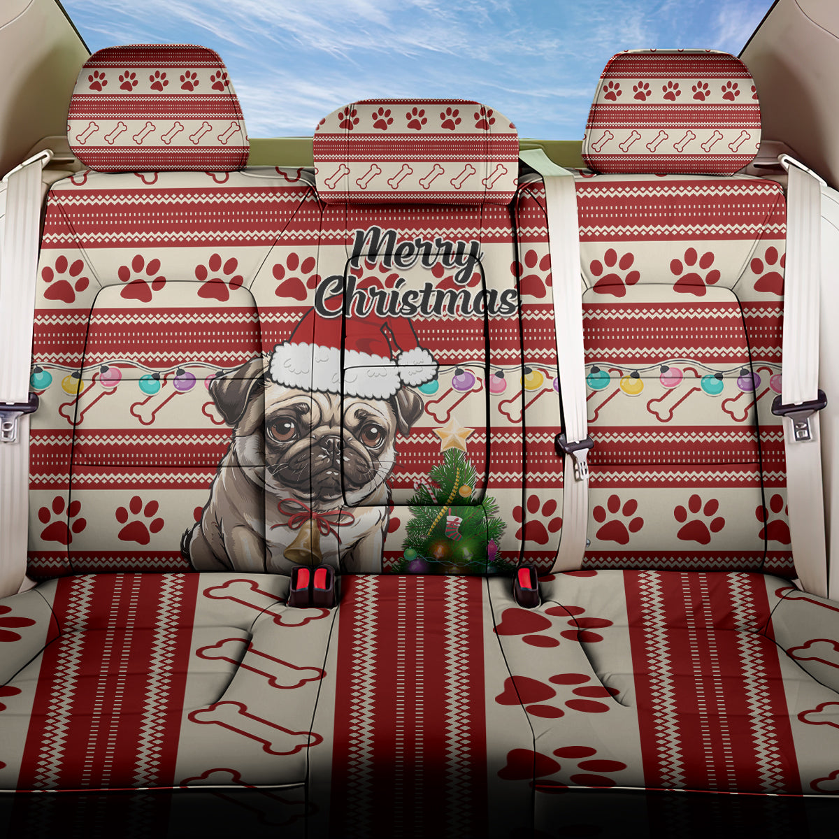 Custom Dog Christmas Back Car Seat Cover Cute Pug Dog With Xmas Tree - Wonder Print Shop