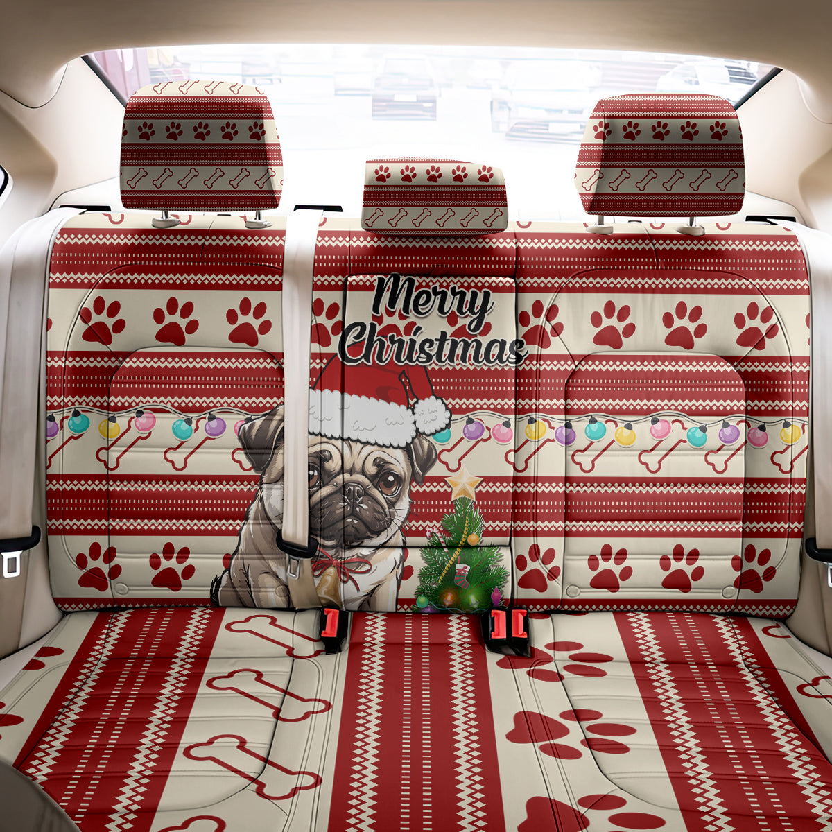 Custom Dog Christmas Back Car Seat Cover Cute Pug Dog With Xmas Tree - Wonder Print Shop