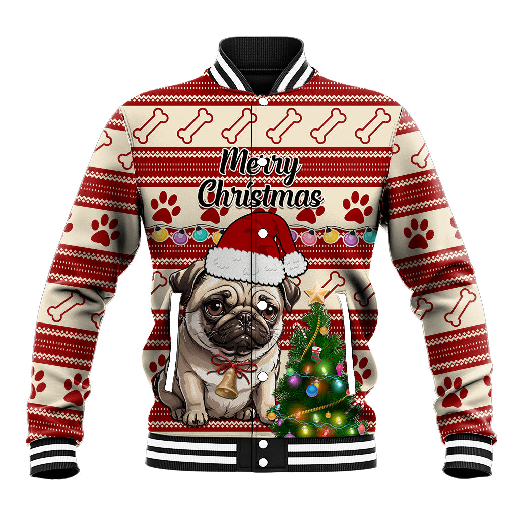 Custom Dog Christmas Baseball Jacket Cute Pug Dog With Xmas Tree - Wonder Print Shop
