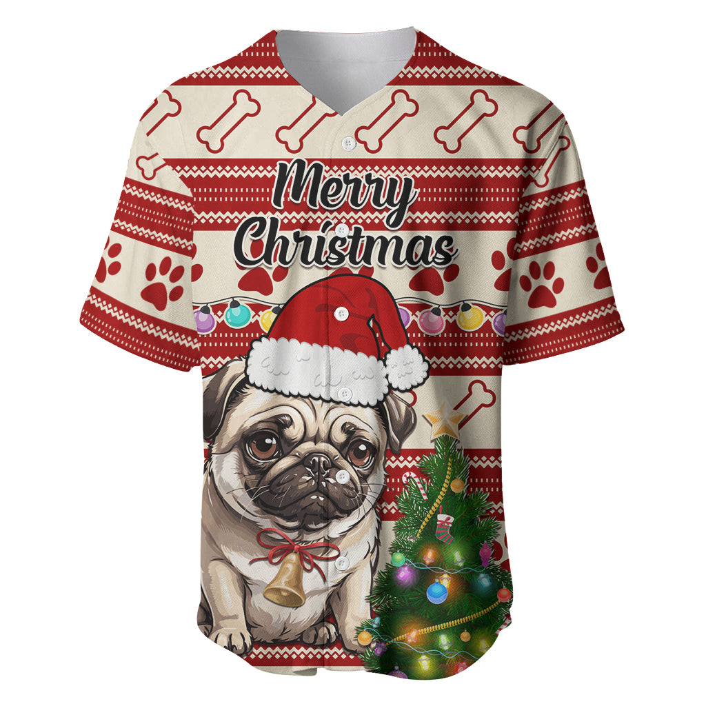 Custom Dog Christmas Baseball Jersey Cute Pug Dog With Xmas Tree - Wonder Print Shop