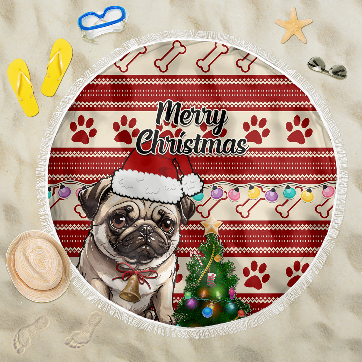 Custom Dog Christmas Beach Blanket Cute Pug Dog With Xmas Tree - Wonder Print Shop