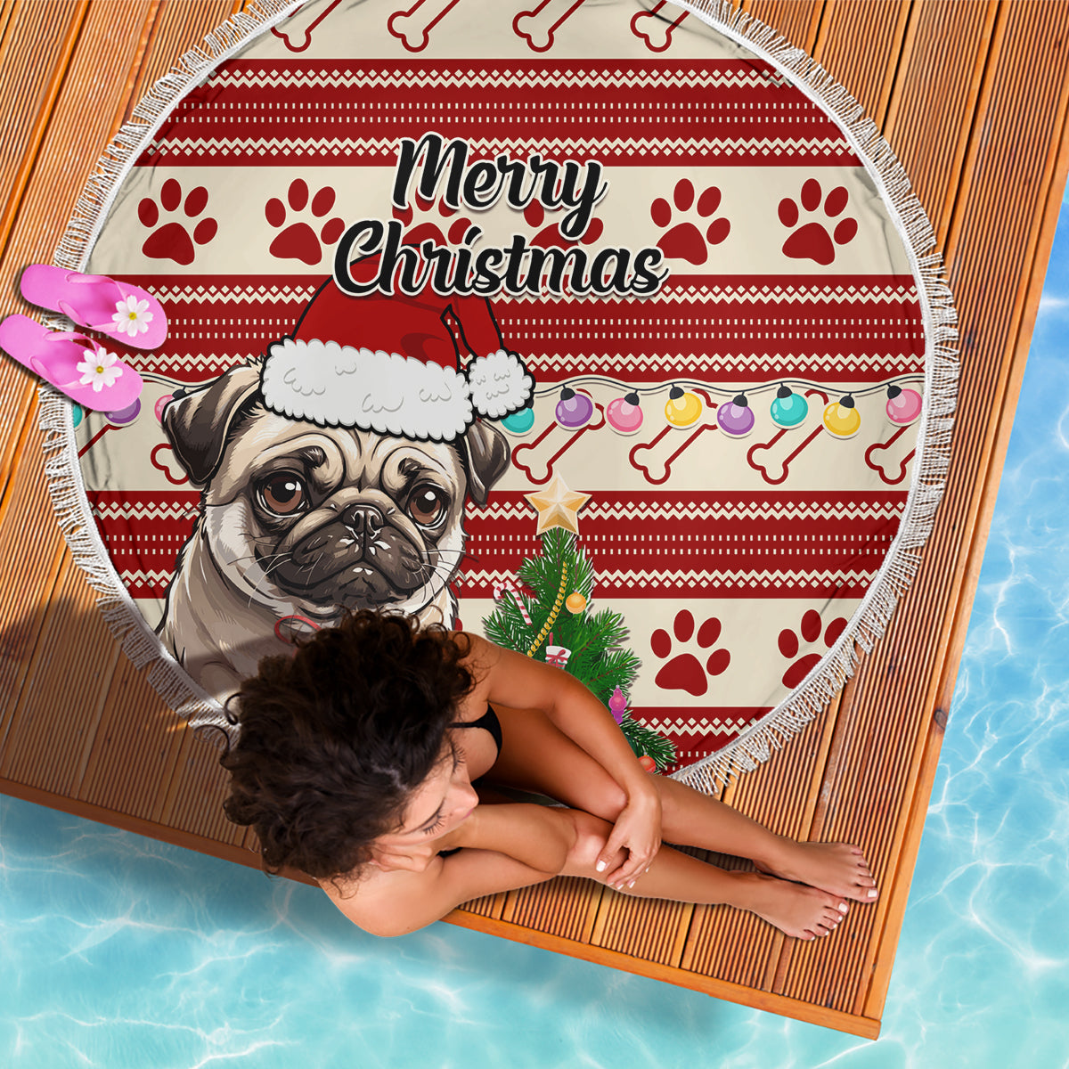 Custom Dog Christmas Beach Blanket Cute Pug Dog With Xmas Tree - Wonder Print Shop