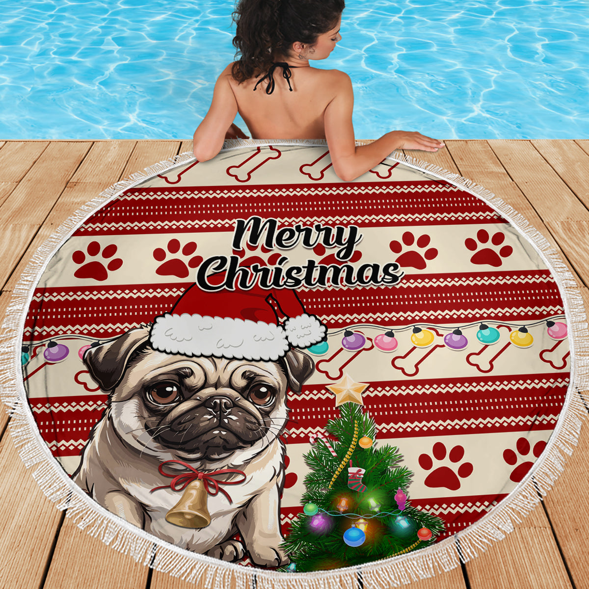 Custom Dog Christmas Beach Blanket Cute Pug Dog With Xmas Tree - Wonder Print Shop