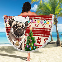 Custom Dog Christmas Beach Blanket Cute Pug Dog With Xmas Tree - Wonder Print Shop